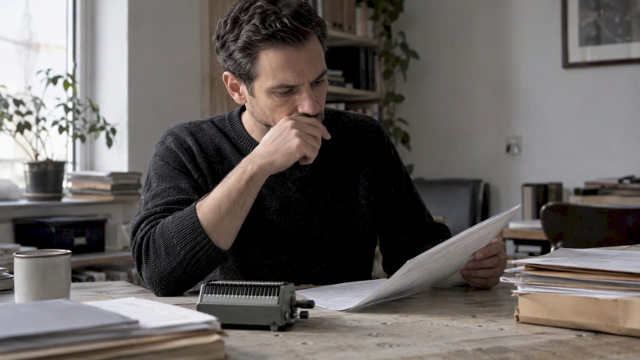 Investor reviewing company filings beside calculator